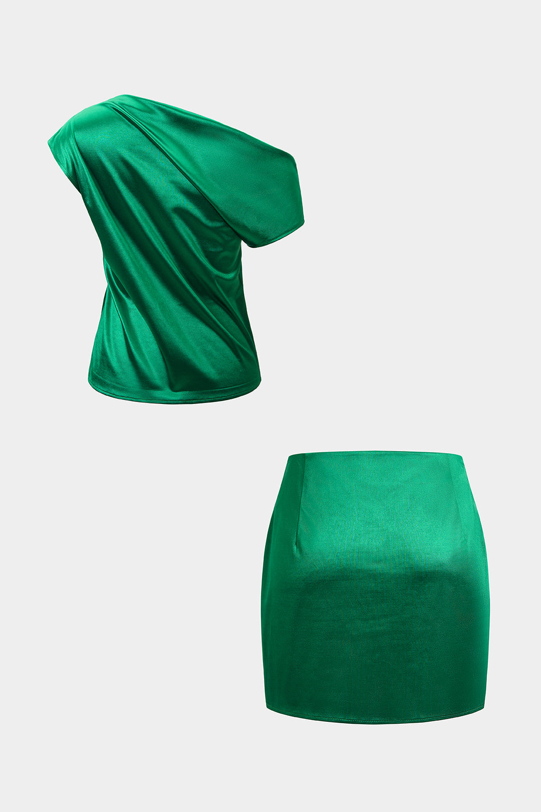 Satin One Shoulder Ruched Top And Asymmetrical Skirt Set