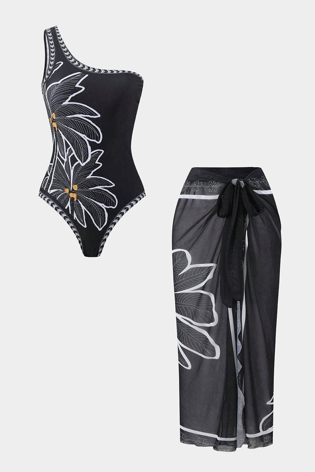 Floral Print Chiffon Patchwork One Shoulder Tie-Up Bikini Set