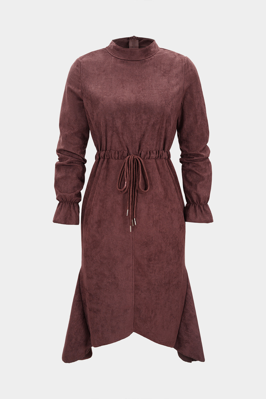 Suede Drawstring Zipper Long Sleeve Midi Dress