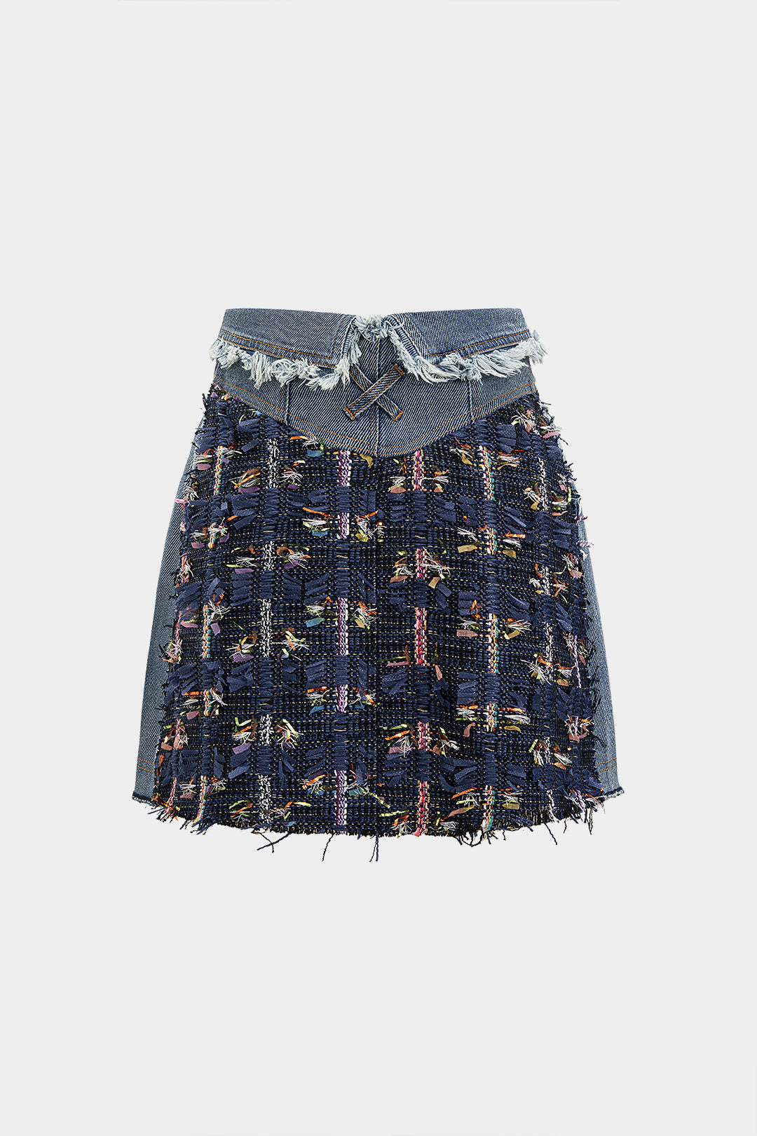 Minirock aus Denim-Jacquard mit Patchwork und ausgefranster Tasche