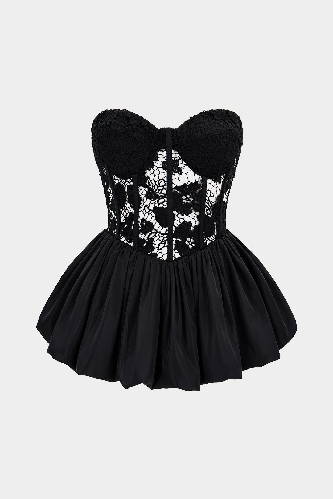 Lace Patchwork Puff Hem Corset Tube Top