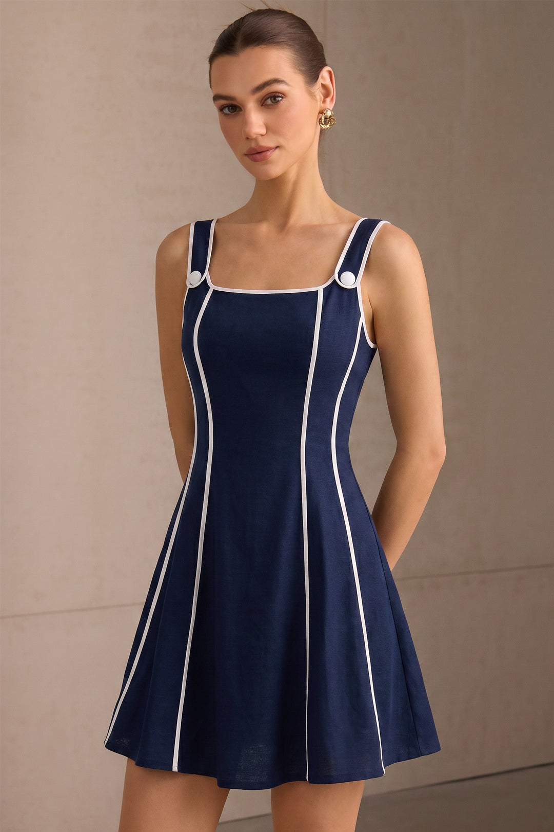 Linen Contrast Binding Slip Sleeveless Mini Dress