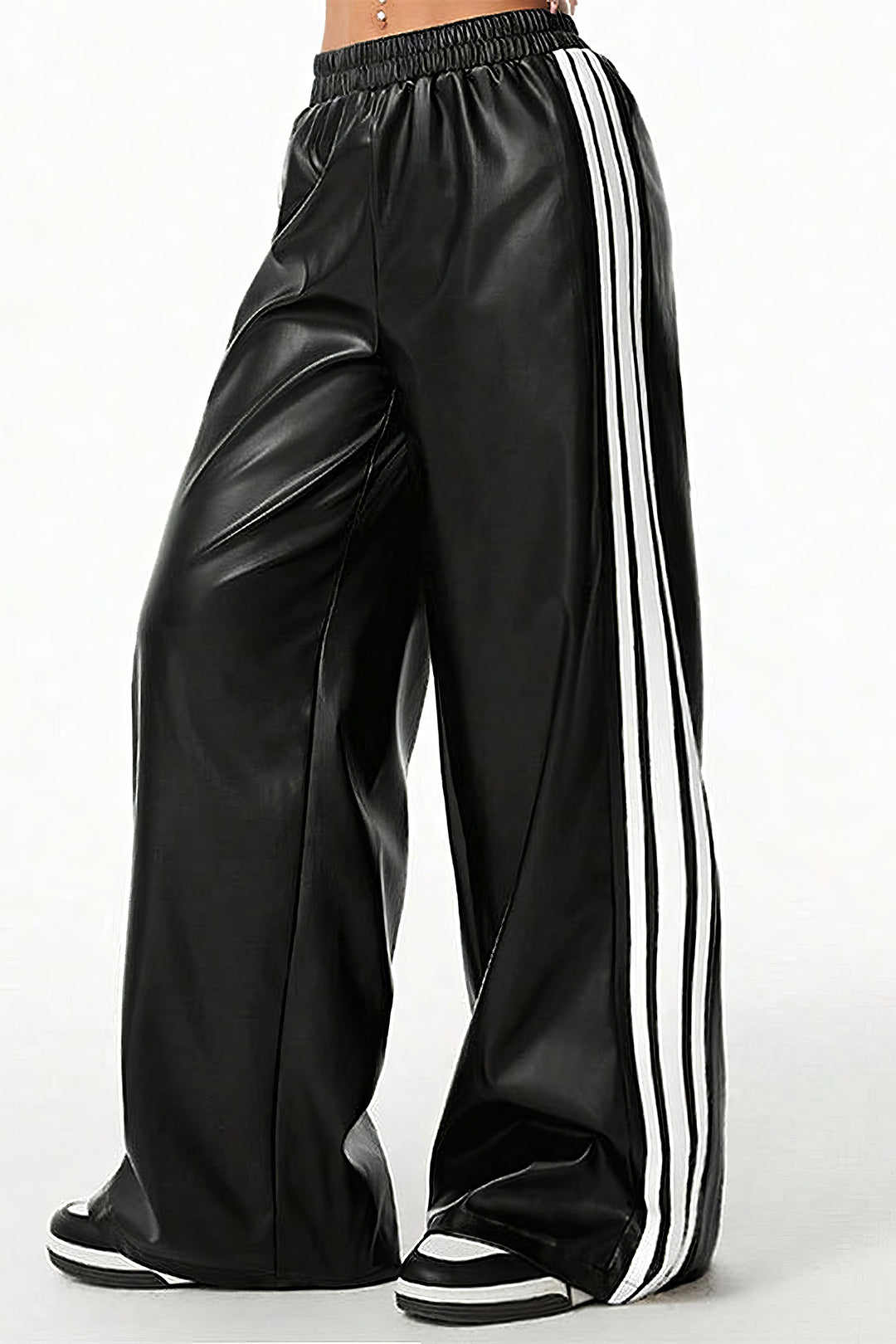 Faux Leather Contrast Shirred Waistband Wide Leg Pants