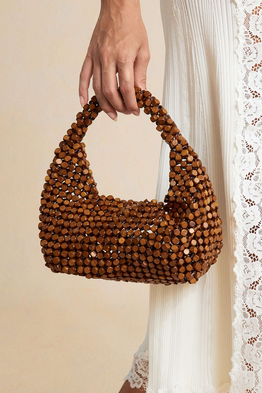 Wood Beaded Woven Tote Bag