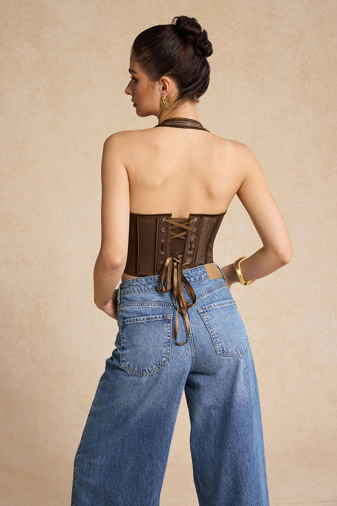 Haut corset bustier en similicuir imprimé serpent à nouer