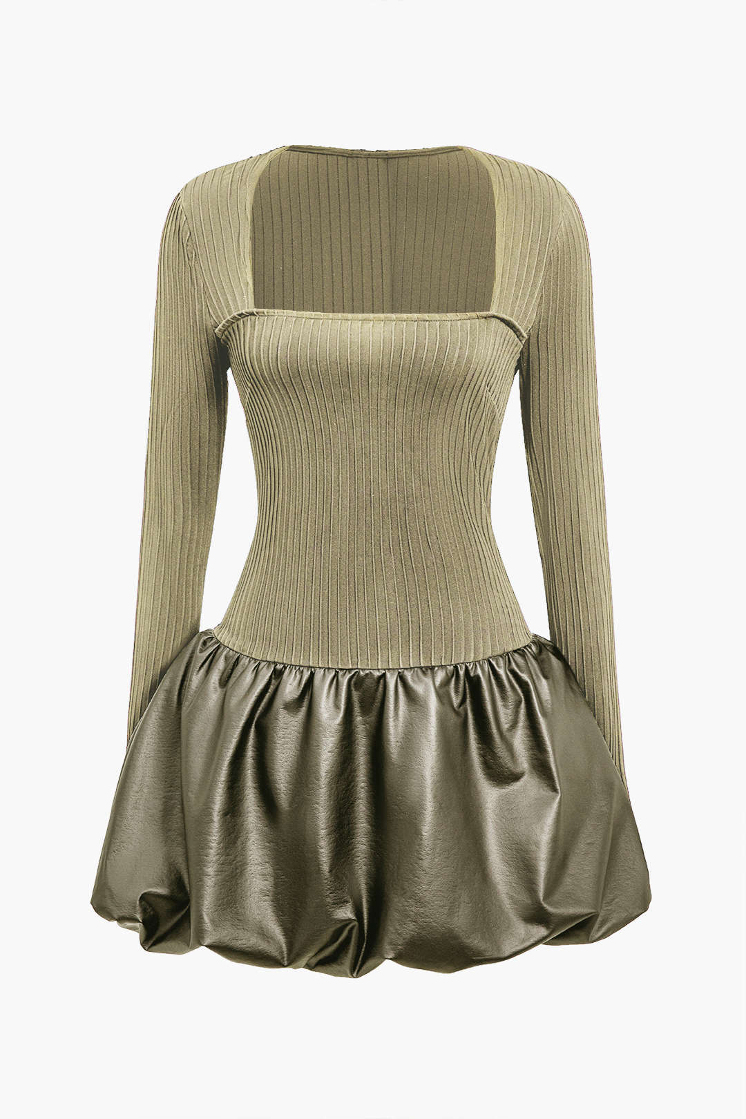 PU Patchwork Ruched Square Neck Mini Dress