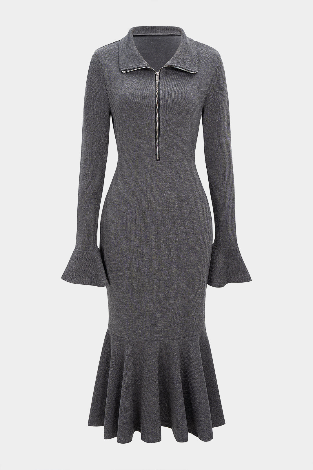 Midi-Kleid mit Revers, Rüschensaum und ausgestellten Ärmeln