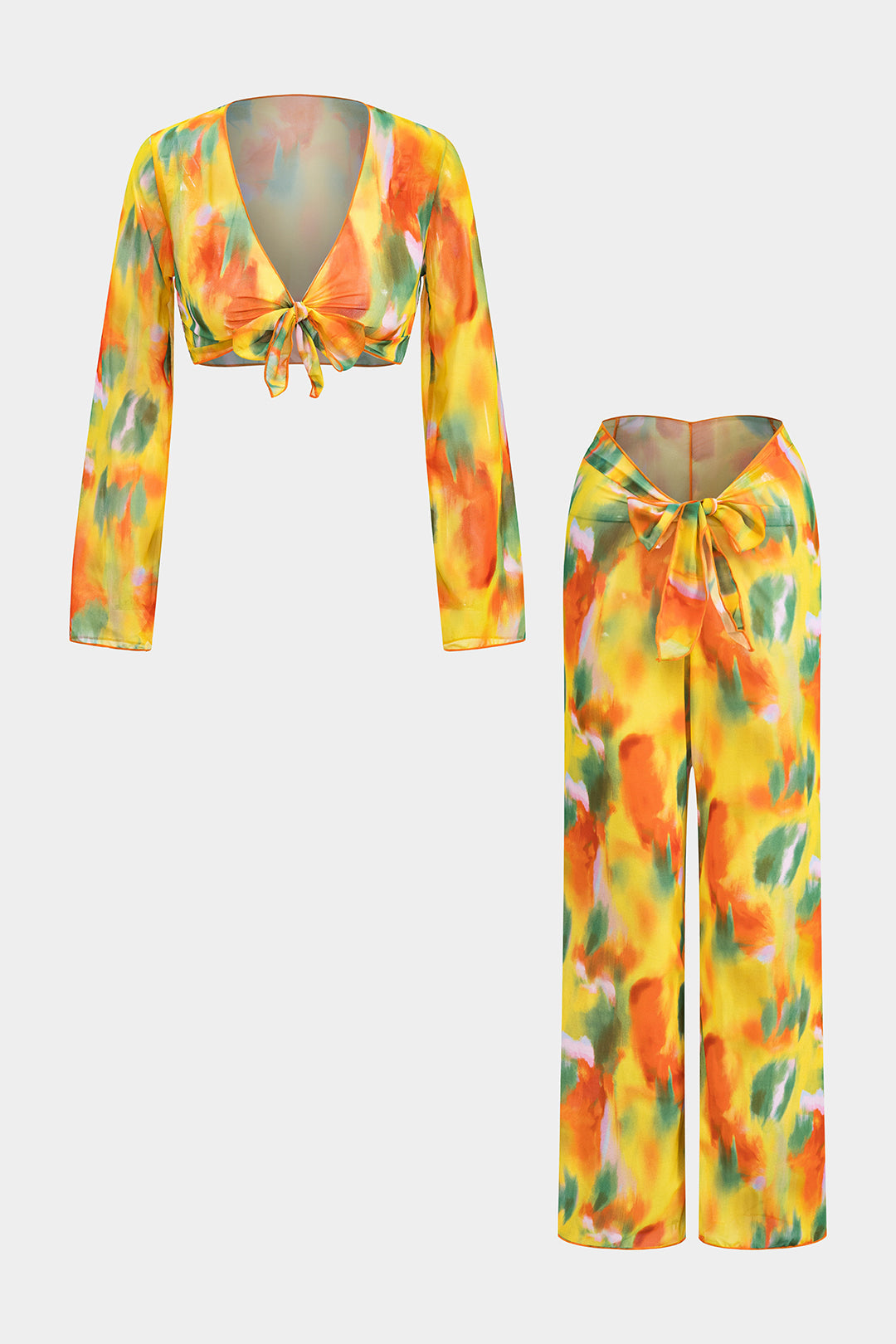 Chiffon-Set mit Aquarellprint, vorne gebundenem Langarmtop und weiter Hose
