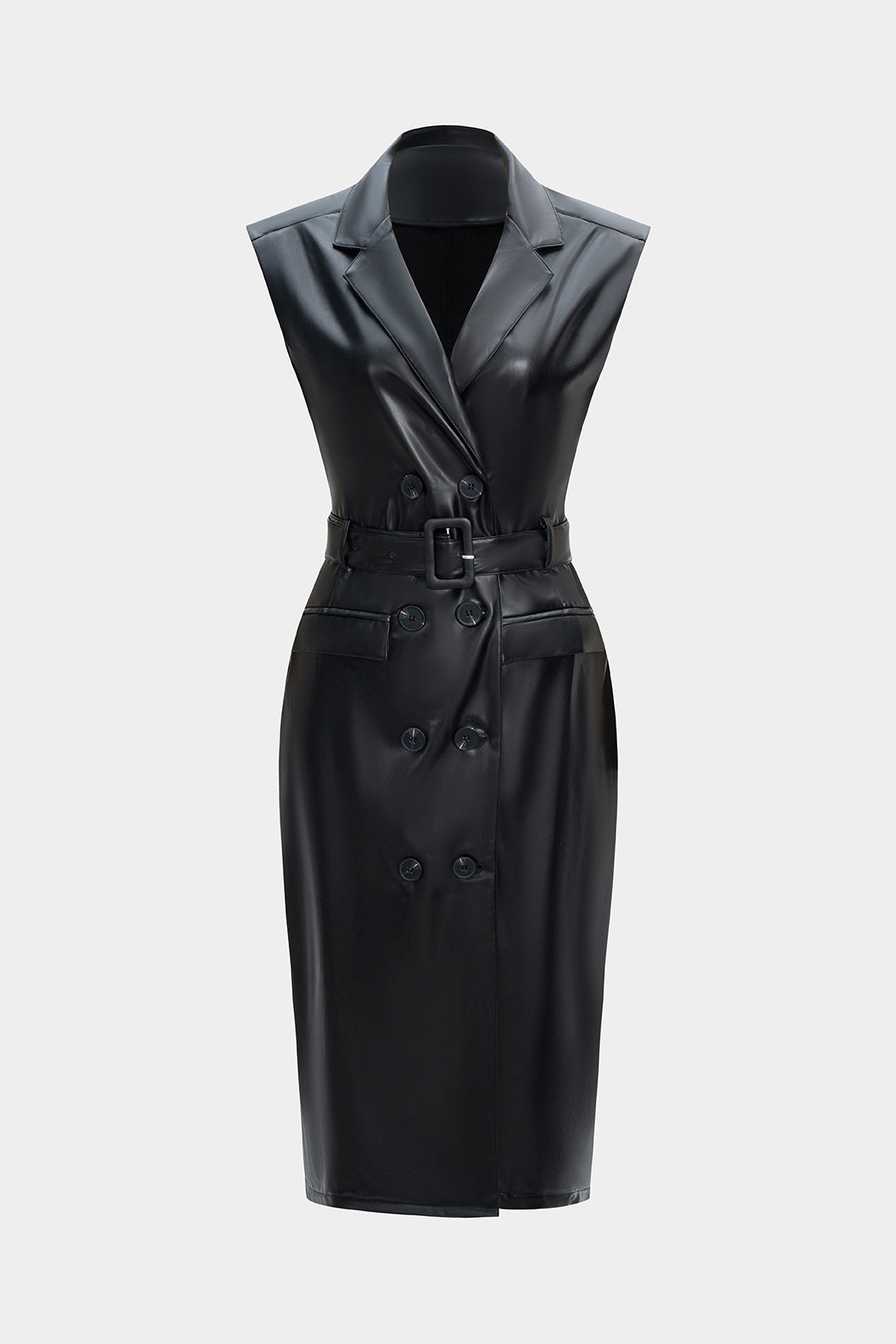 Faux Leather Button Belted Sleeveless Midi Dress