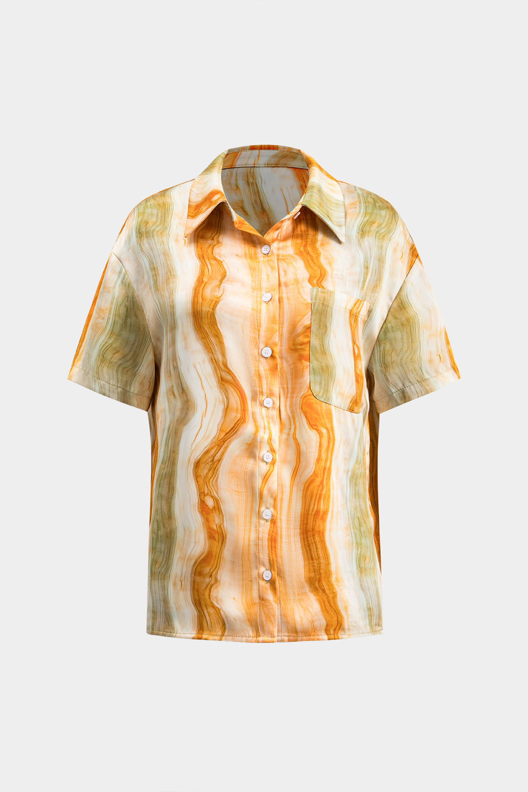 Marble Print Tie Front Button Pocket Short-Sleeve Shirt