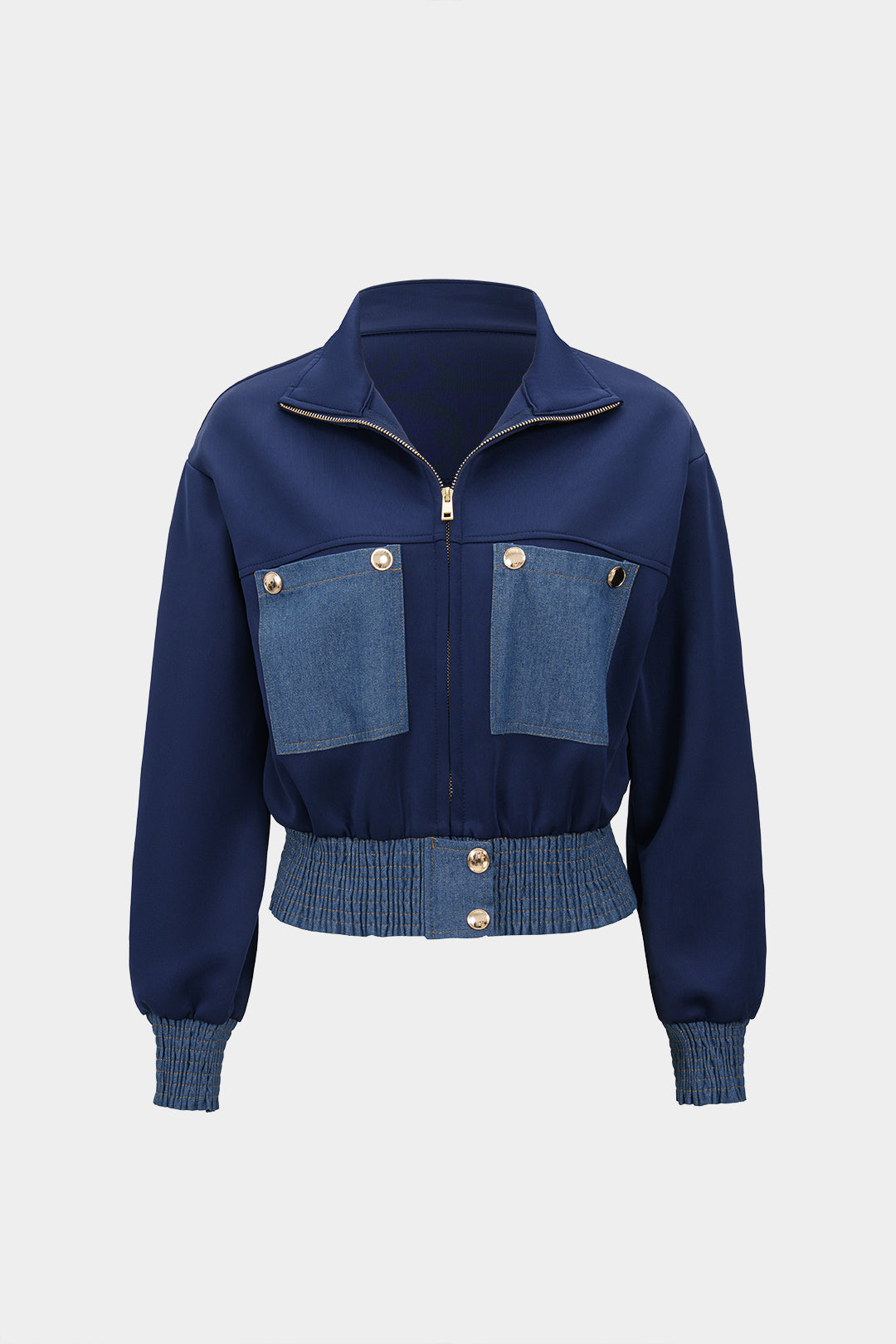 Kontrast-Print-Denim-Patchwork-Jacke mit Smock und Reißverschluss