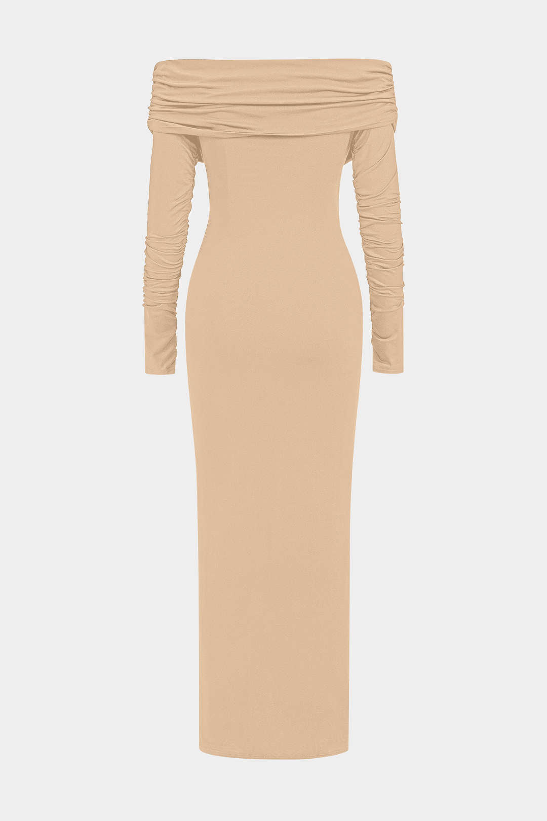 Robe longue drapée à épaules dénudées et ruchées
