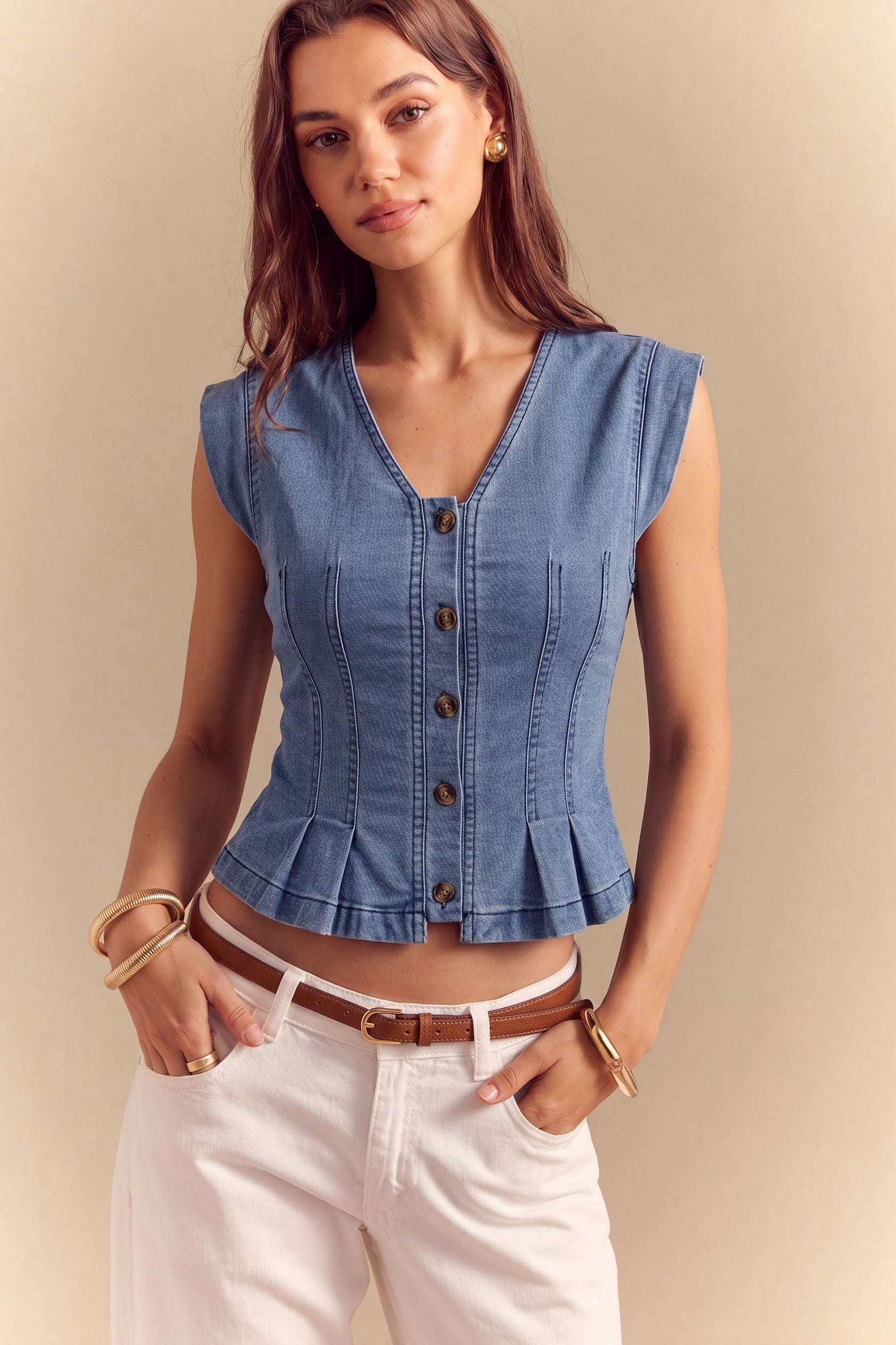 Jeans-Tanktop mit V-Ausschnitt und Raffungen