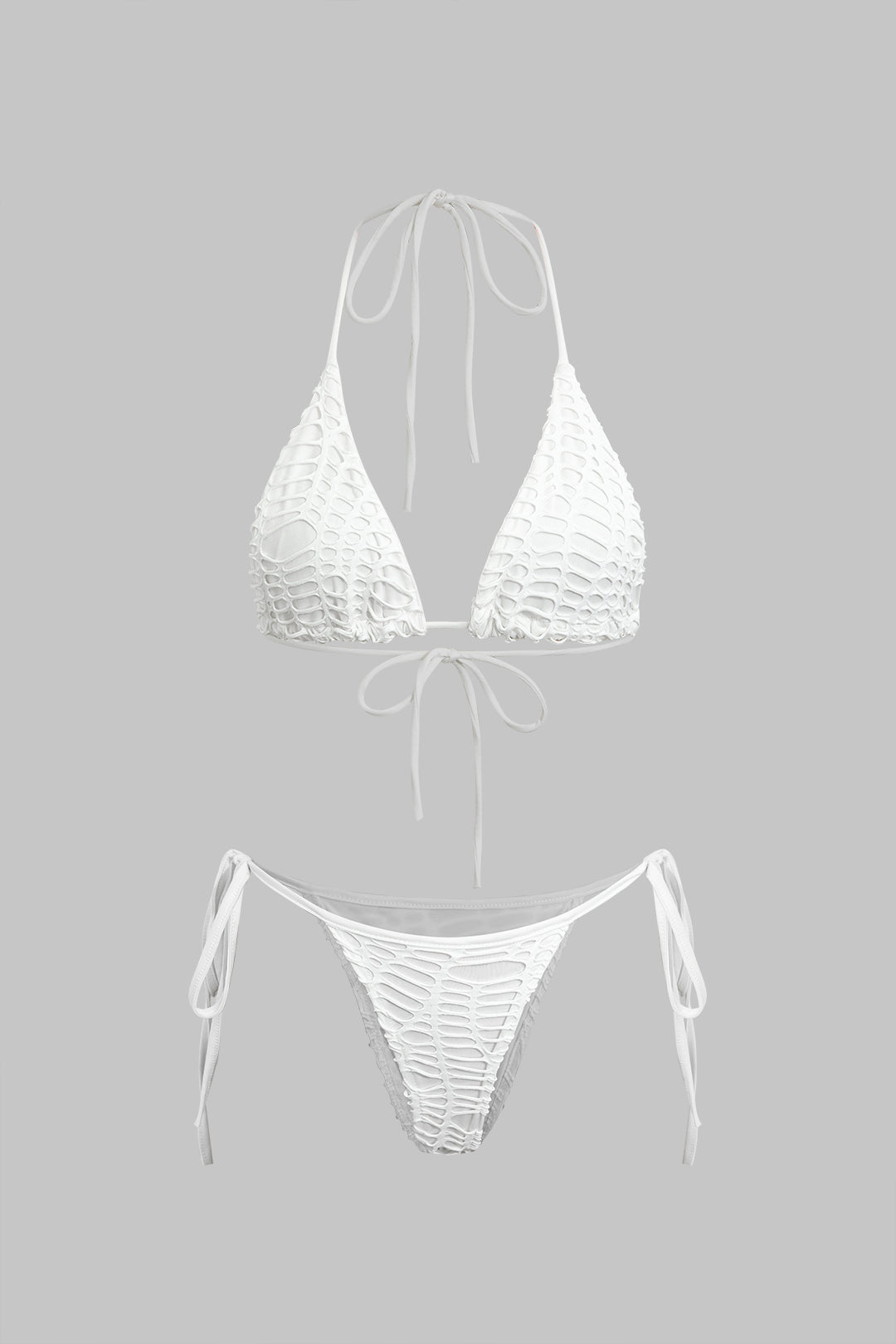 Strukturiertes Neckholder-Bikini-Set mit offen gestricktem Überwurf