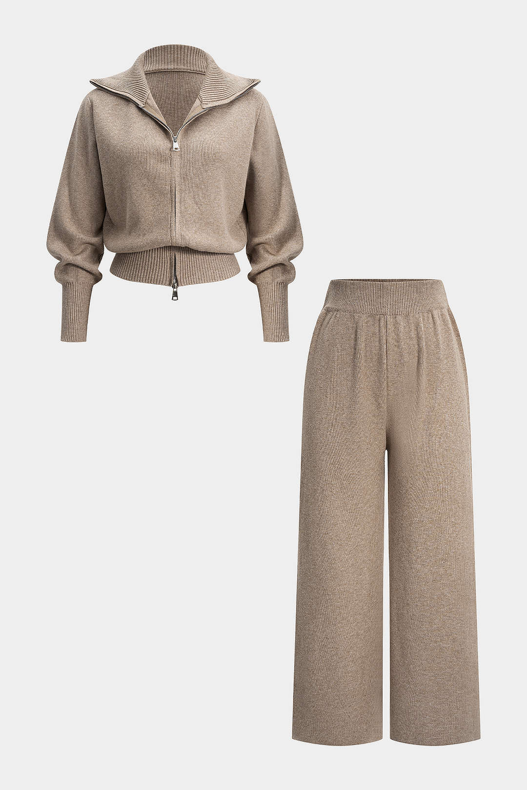 Knit Zipper Long-Sleeve Hoodie And Shirred Waistband Zipper Wide Leg Pants Set