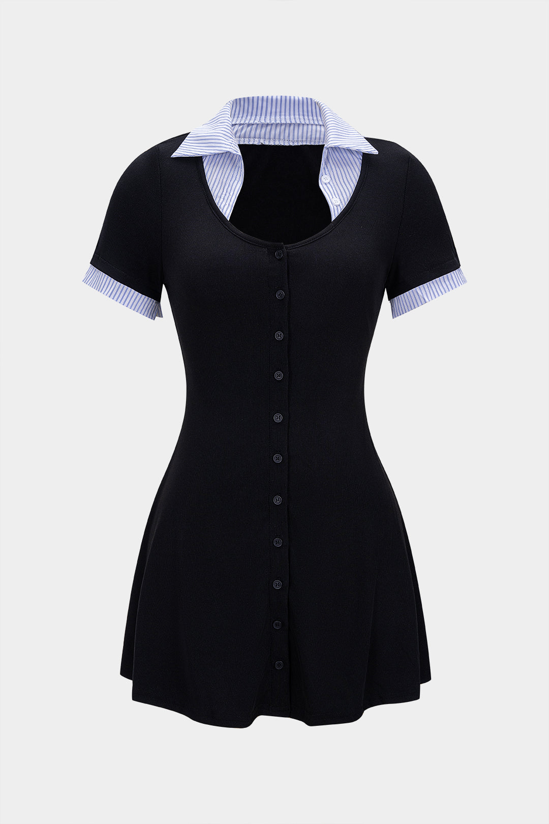 Gestreiftes Minikleid mit Rundhalsausschnitt, Kontrastdetails und kurzen Ärmeln mit Knopfleiste