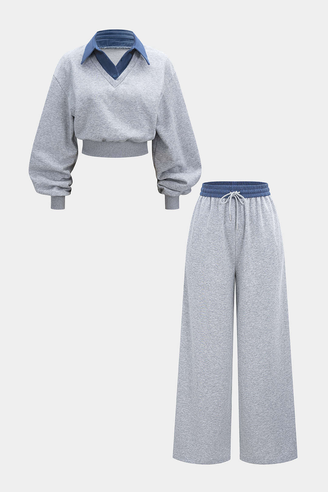 Kontrast-Patchwork-Langarmtop und geraffte Hose mit Kordelzug und Gummizug im Bund