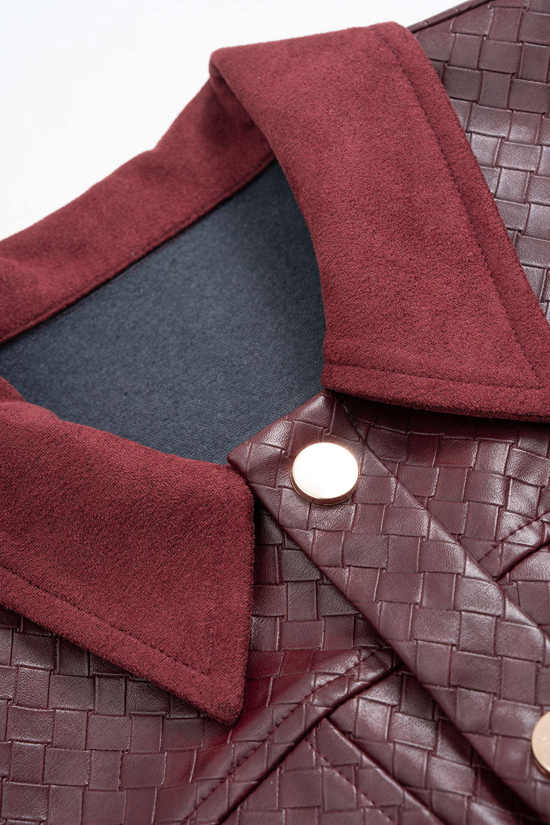 Woven Pattern Faux Leather Patchwork Cropped Jacket