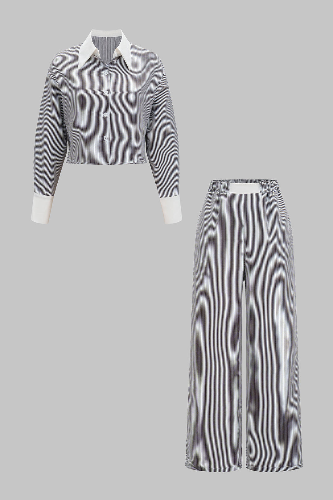 Contrast Striped Lapel Long Sleeve Shirt And Wide Leg Pants Set