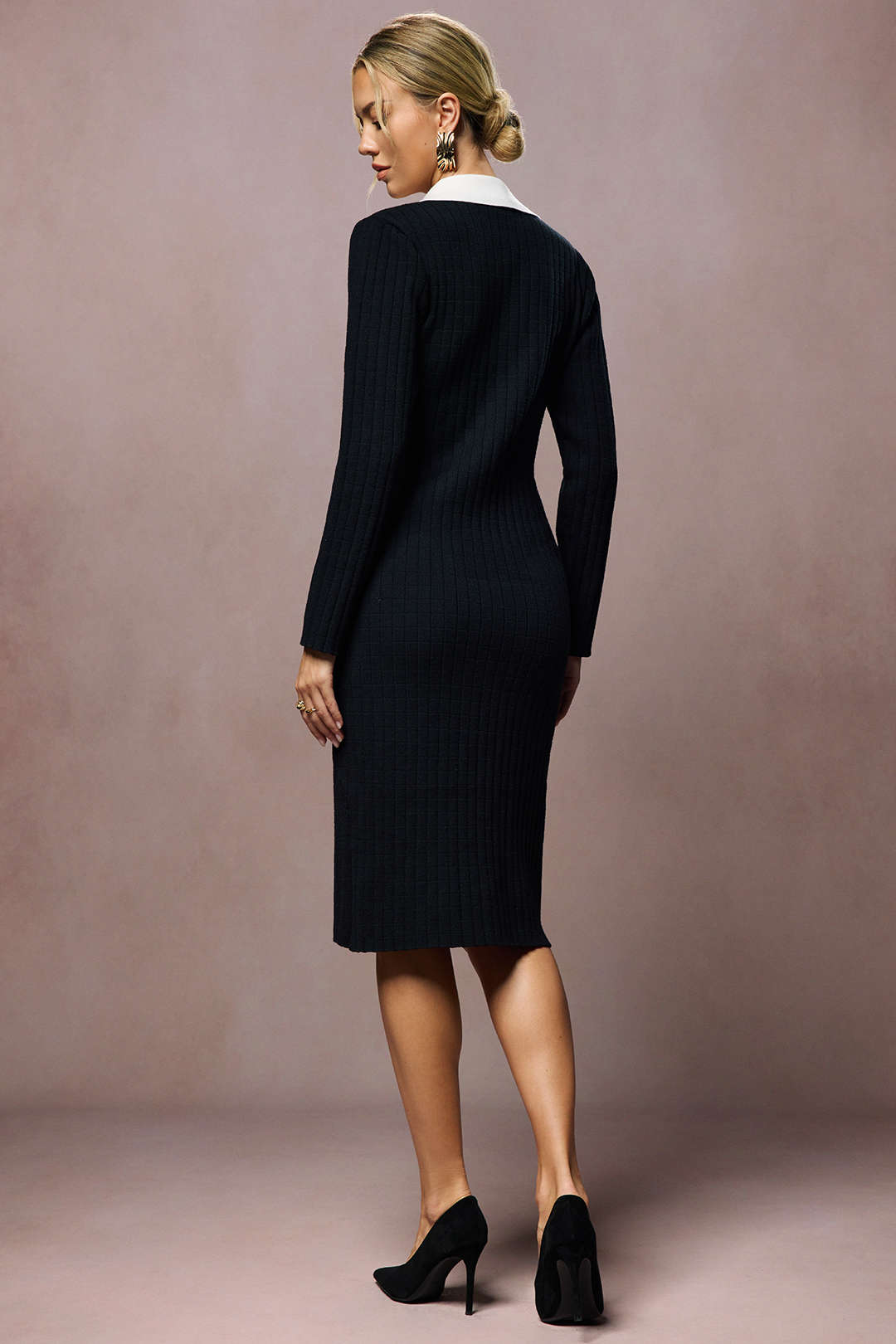 Knit Notched Lapel Contrast Long Sleeve Midi Dress