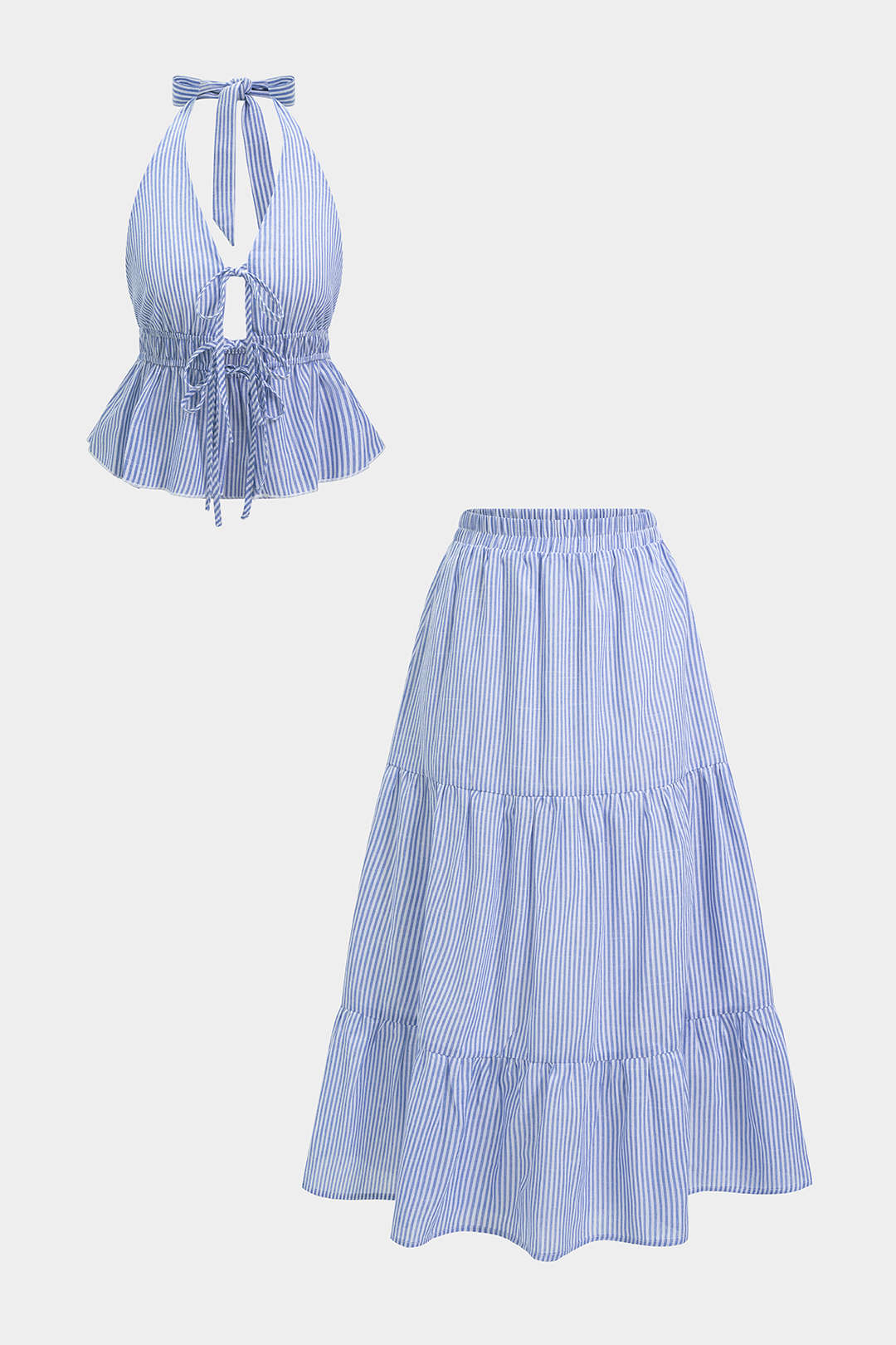 Stripes Print Halter Neck Tie Front Ruffled Hem Top And Ruched Skirt Set