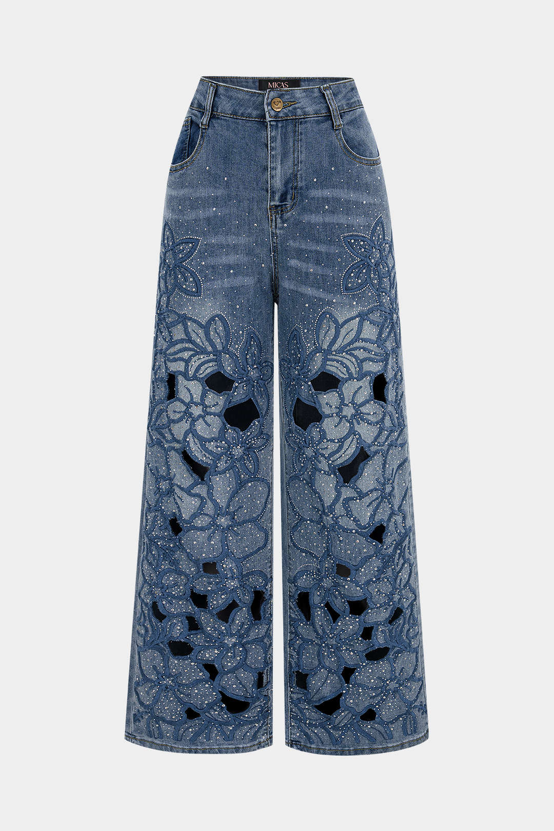 Jean large découpé en jean brodé de strass