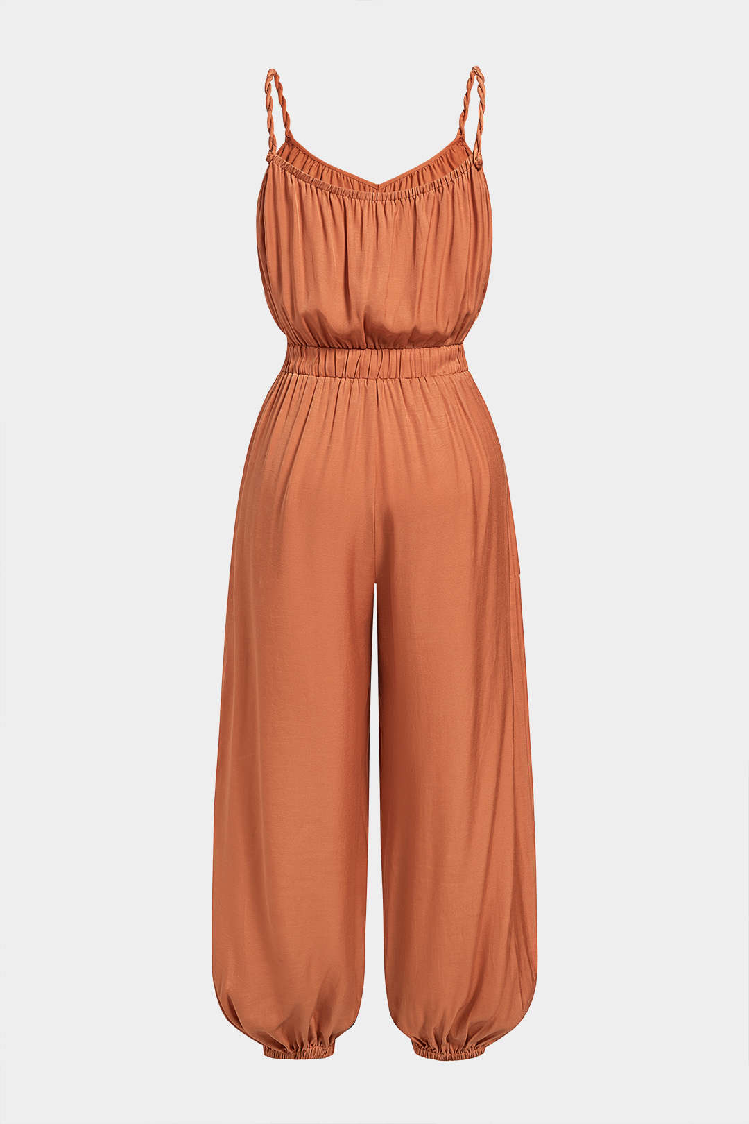 Ärmelloser Jumpsuit mit V-Ausschnitt, Knoten, Raffungen und Drehdetails