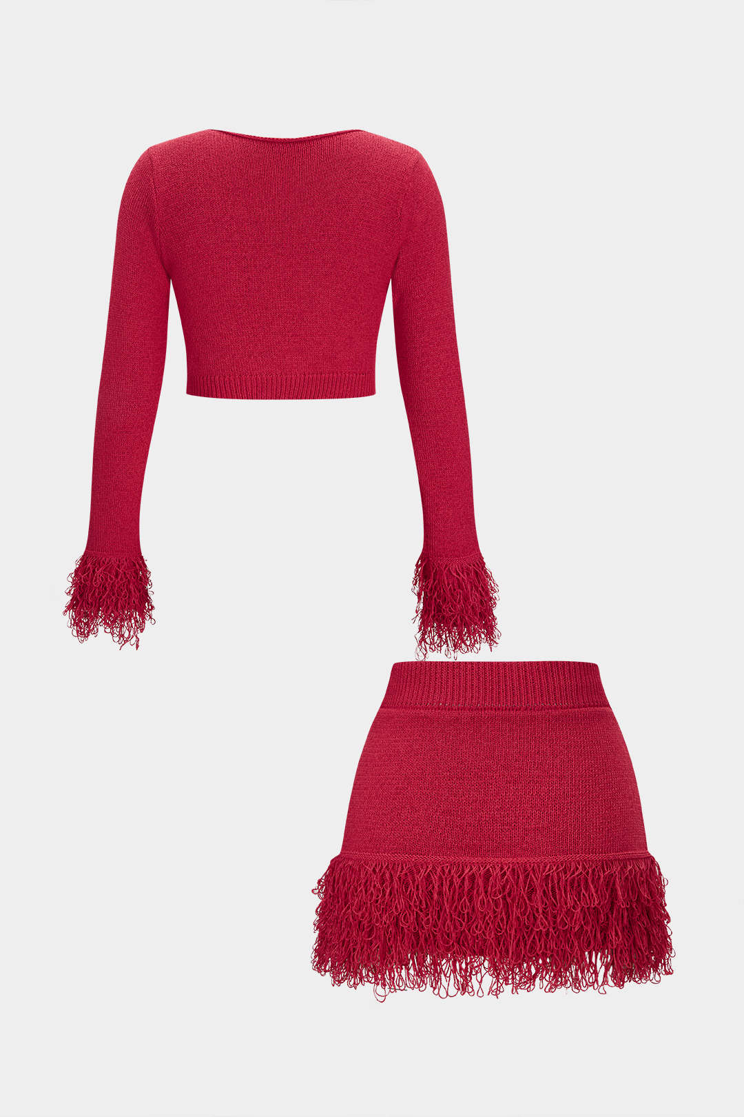 Knit Fringe Long Sleeve Top And Mini Bodycon Skirt Set