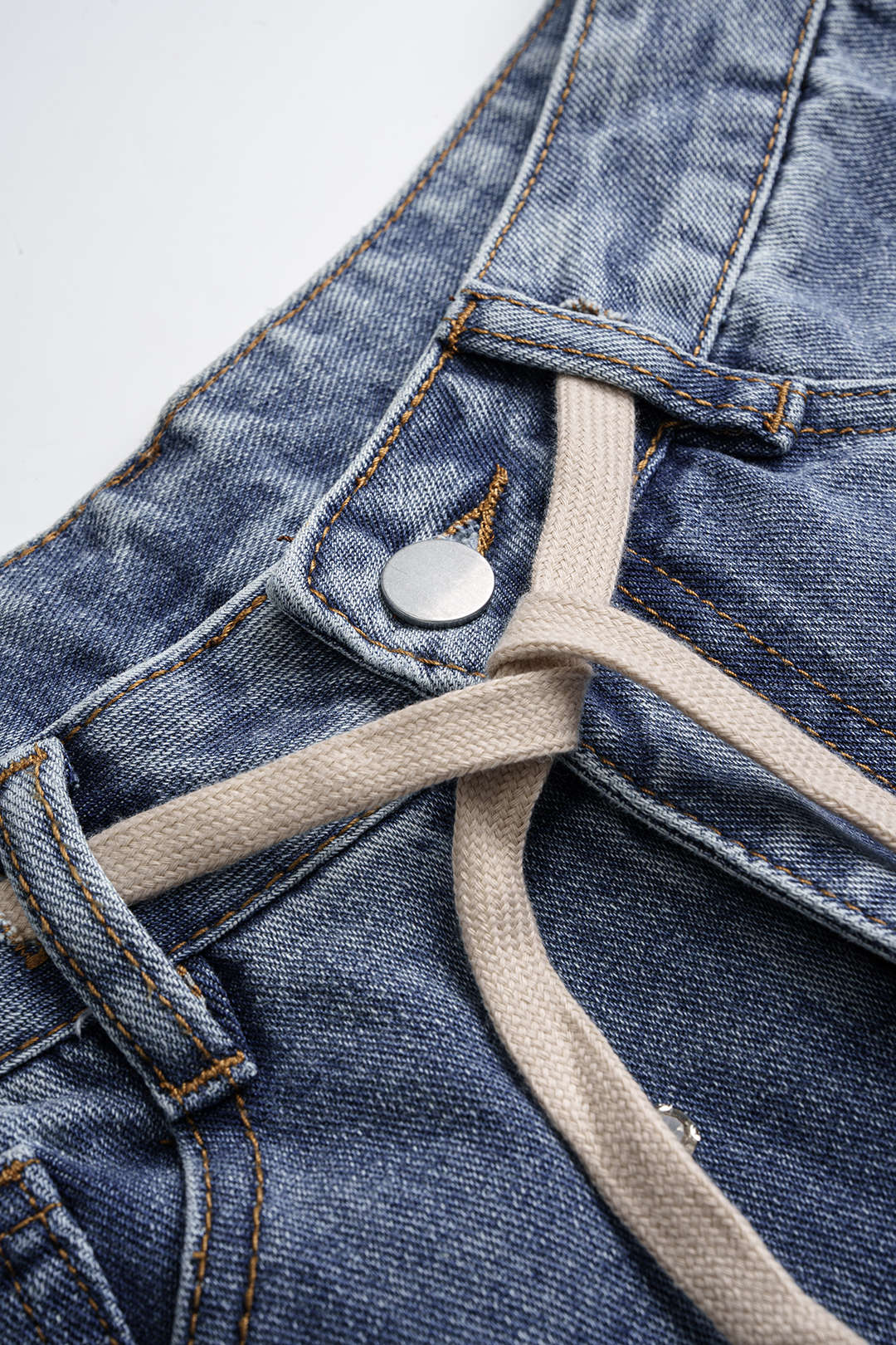Jean Large En Denim À Taille Haute Avec Cordon De Serrage Et Perles