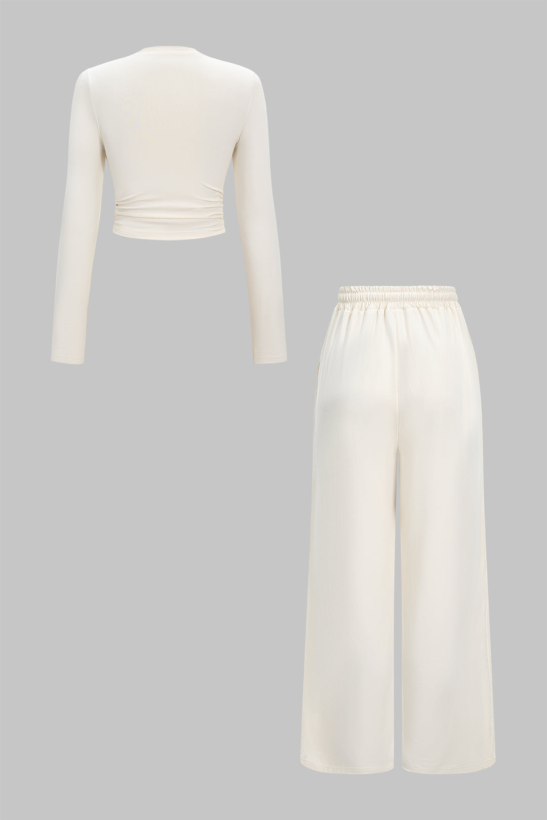 Ruched Long-Sleeve Top And Tie-Up High Waist Wide Leg Trousers Set