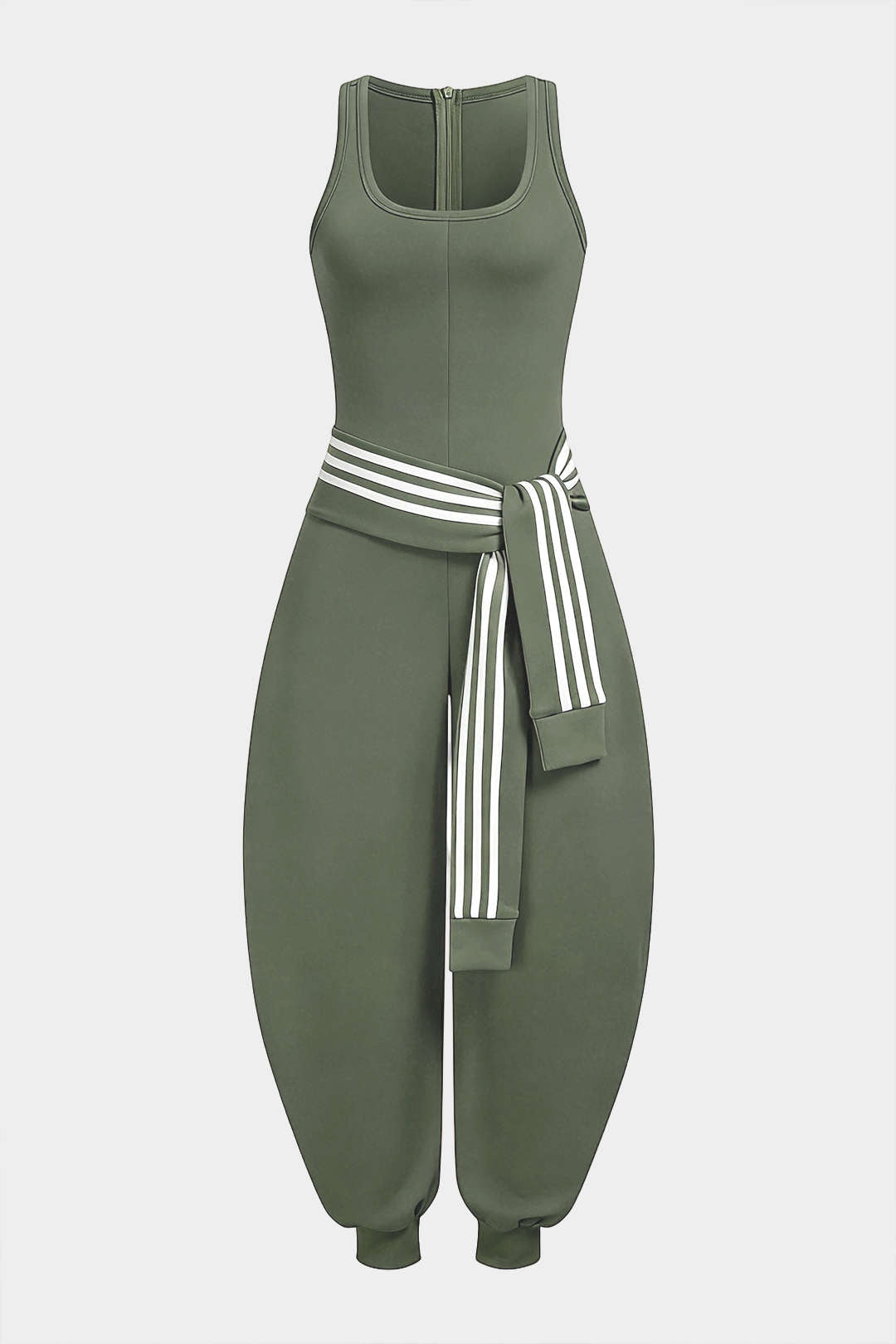 U-Neck Contrast Striped Tie-Up Zipper Barrel Jumpsuit