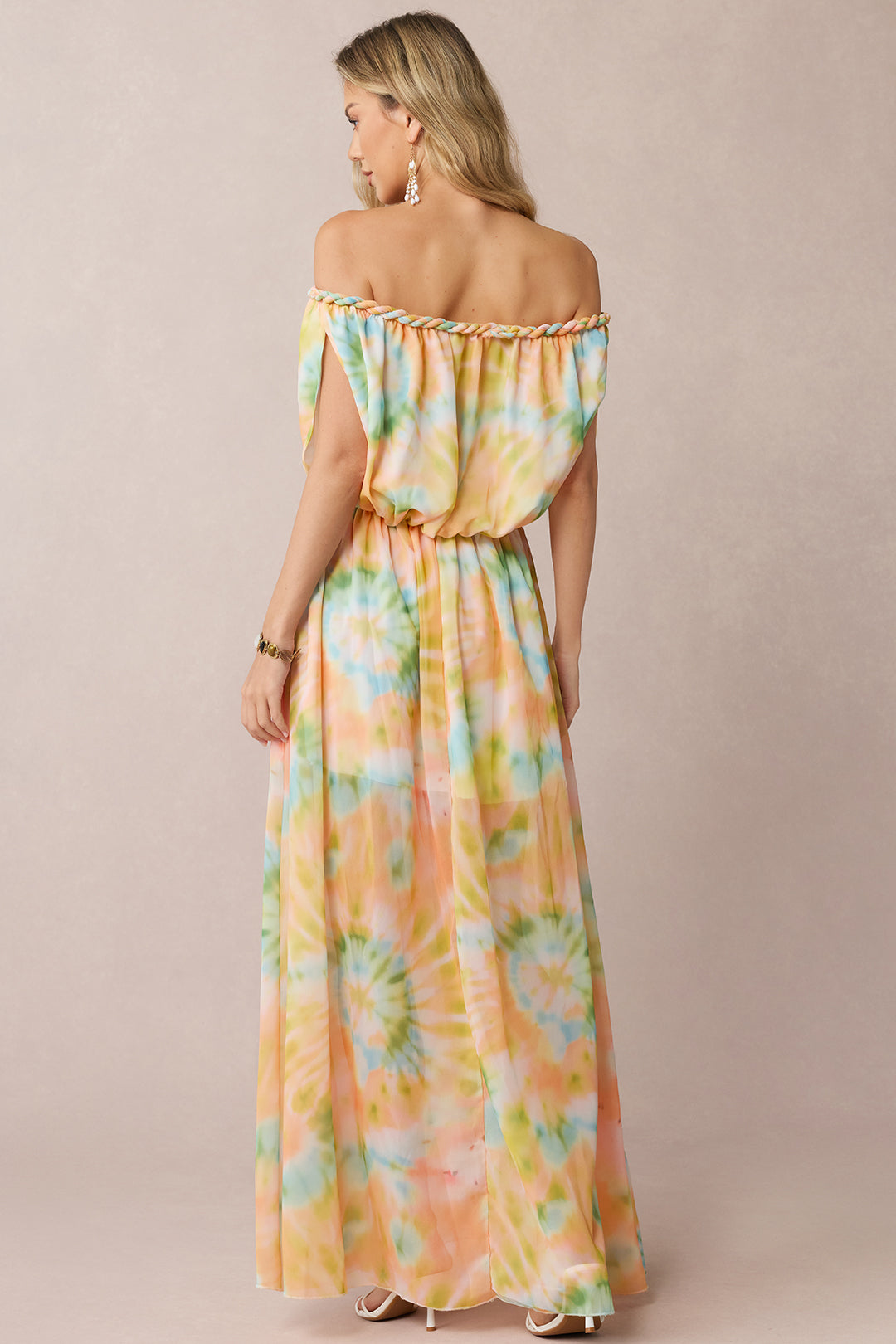 Tie Dye Print Chiffon Off Shoulder Twist Knot Ruched Sleeveless Maxi Dress
