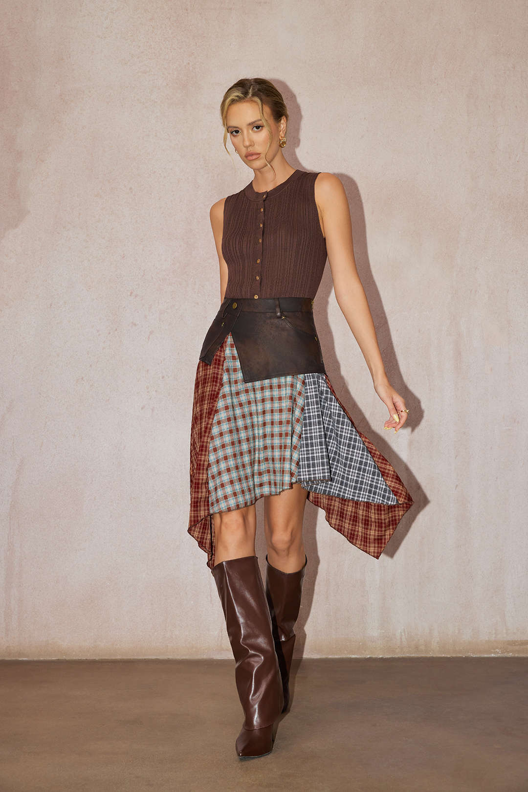 Plaid Contrast Print Faux Leather Patchwork Irregular Hem Skirt