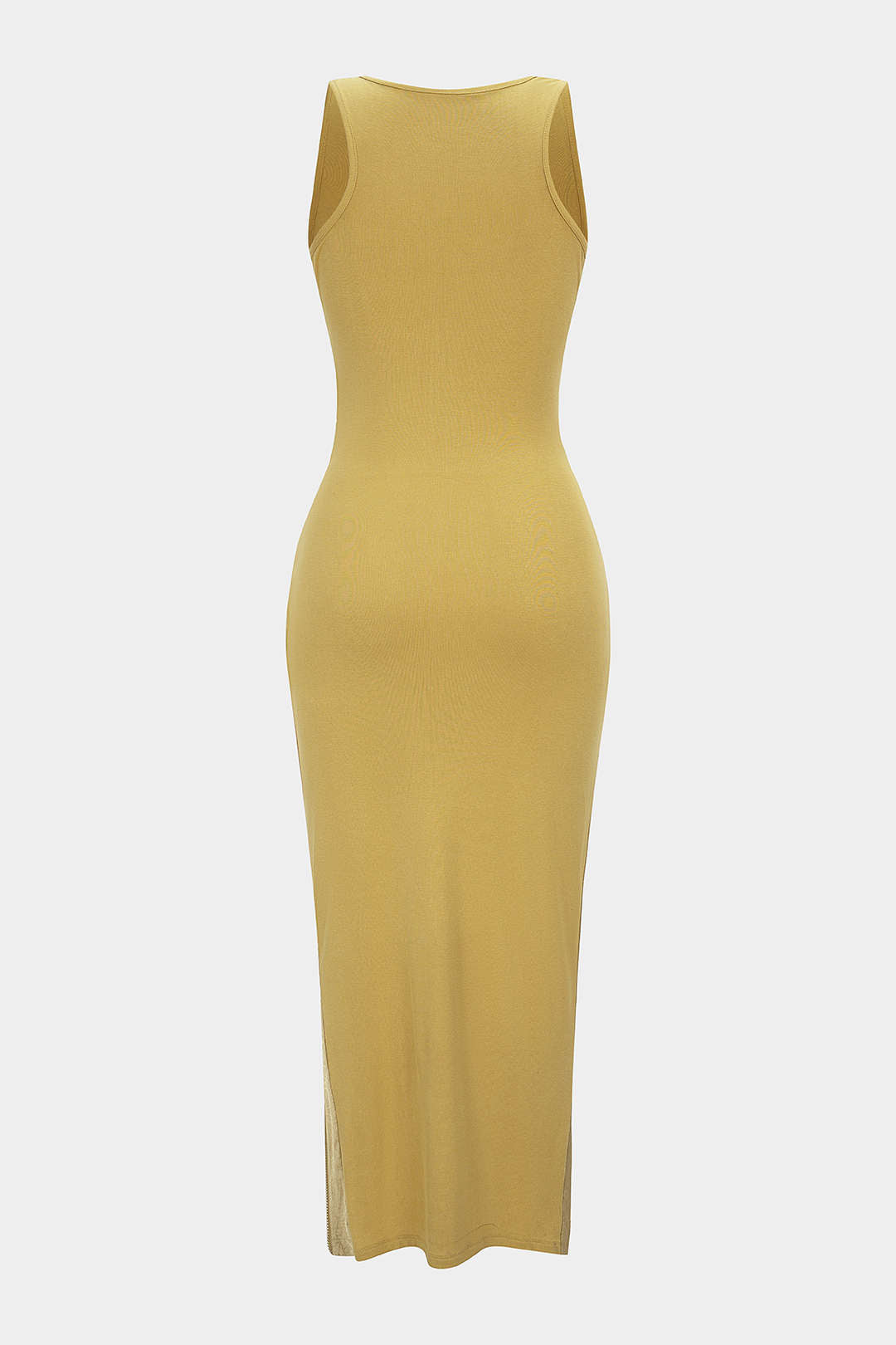 Patchwork Textured U-Neck Asymmetrical Ruched Zipper Slit Sleeveless Maxi Dress