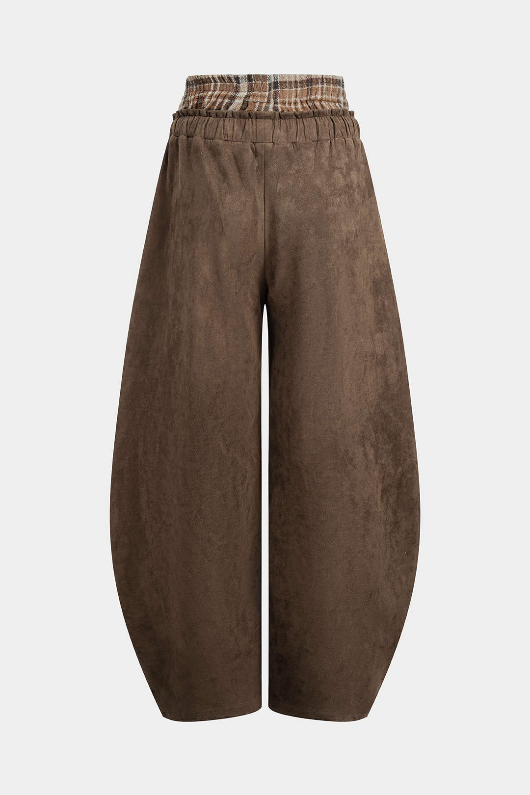 Plaid Print Suede Double Waistband Patchwork Drawstring Pants