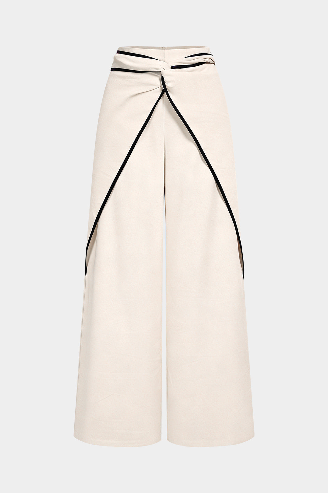 Contrast Binding Linen Ruched Twist Knot Wide Leg Pants