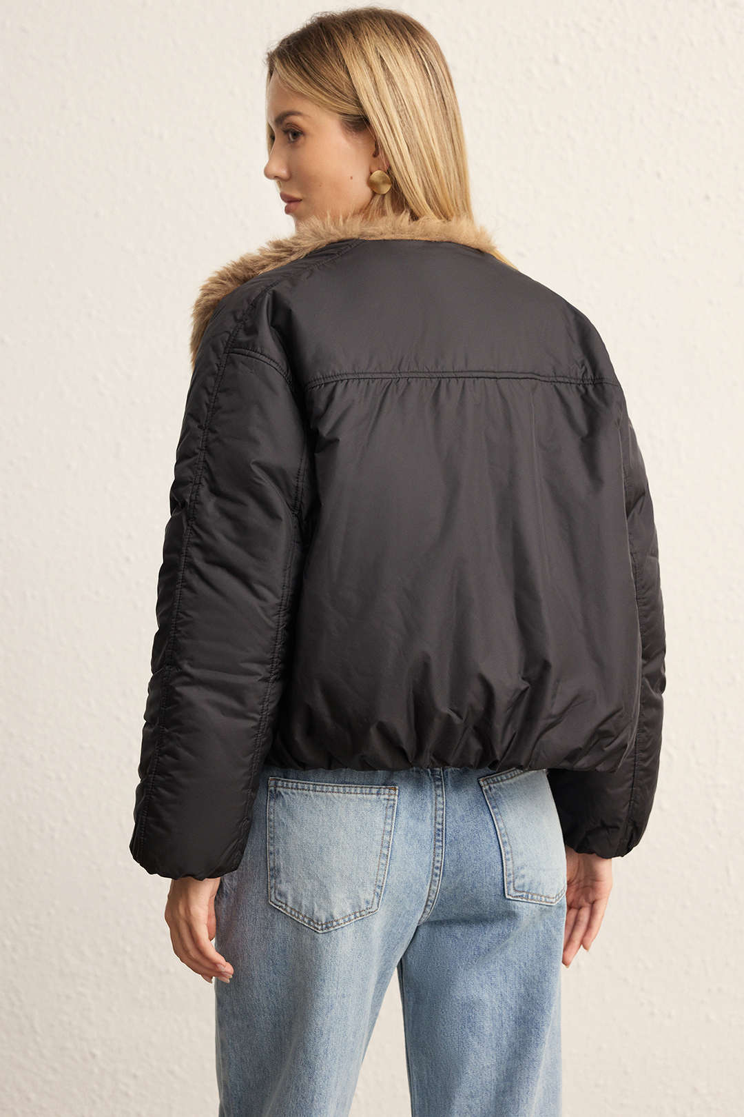 Faux Fur Collar Patchwork Puffer