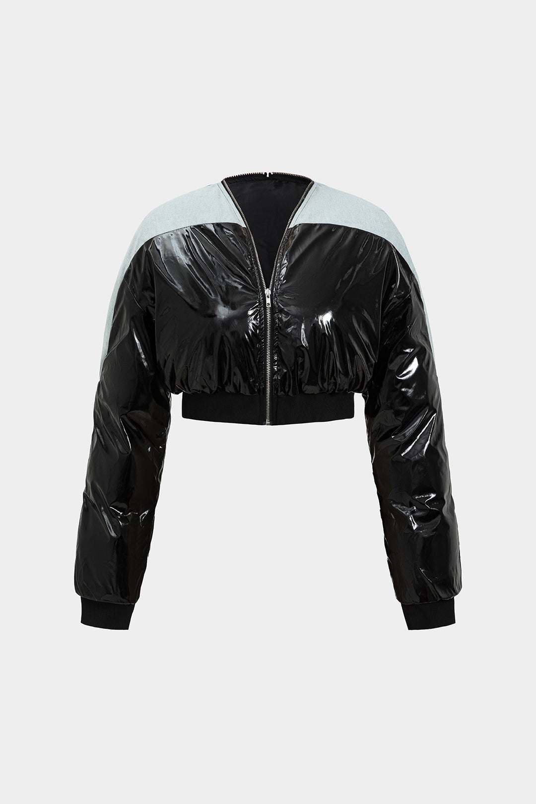 Veste longue matelassée à manches longues en jean, similicuir, froncé et patchwork zippé