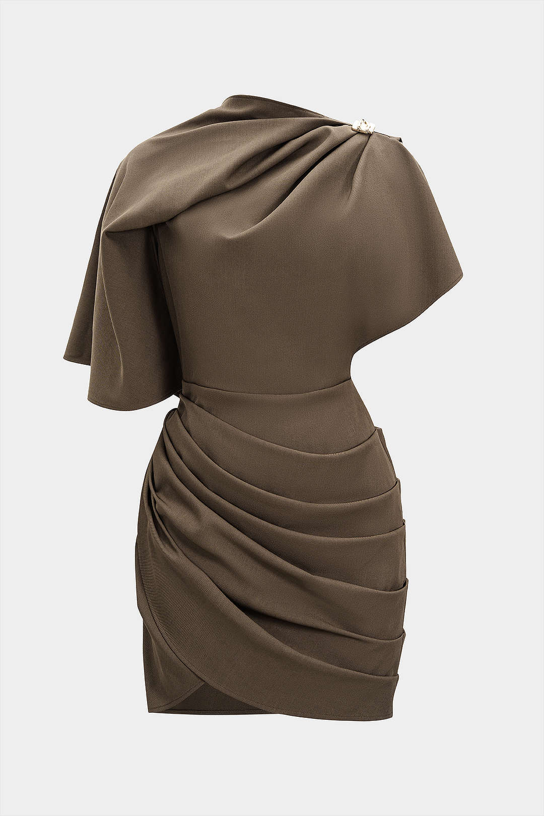 Metallic gerafftes, asymmetrisches Minikleid mit Reißverschluss und kurzen Ärmeln