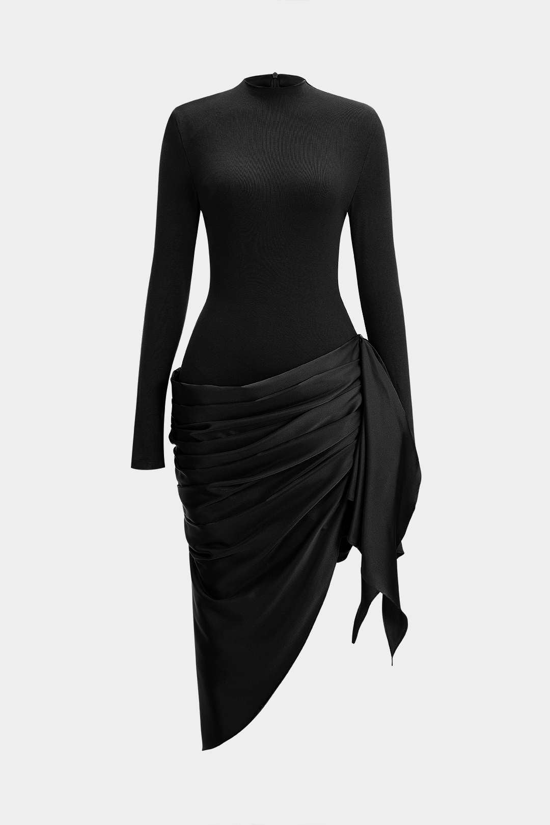 Satin Patchwork Ruched Asymmetrical Long Sleeve Midi Dress