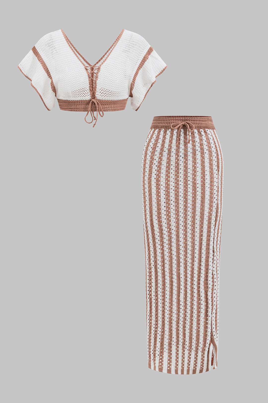 Ensemble caraco en tricot ajouré à col en V et jupe fendue à cordon de serrage