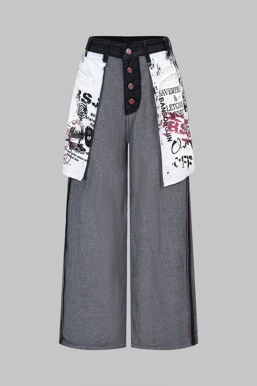 Denim Artistic Print Patchwork Button Pocket Wide Leg Jeans