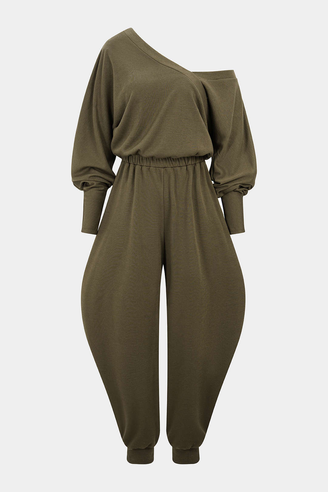 One Shoulder Shirred Long Sleeve Jumpsuit