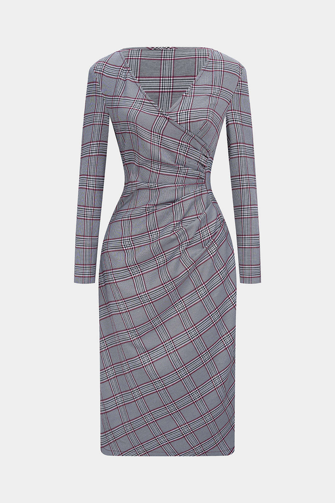 Plaid Print V-Neck Asymmetrical Ruched Long Sleeve Midi Dress