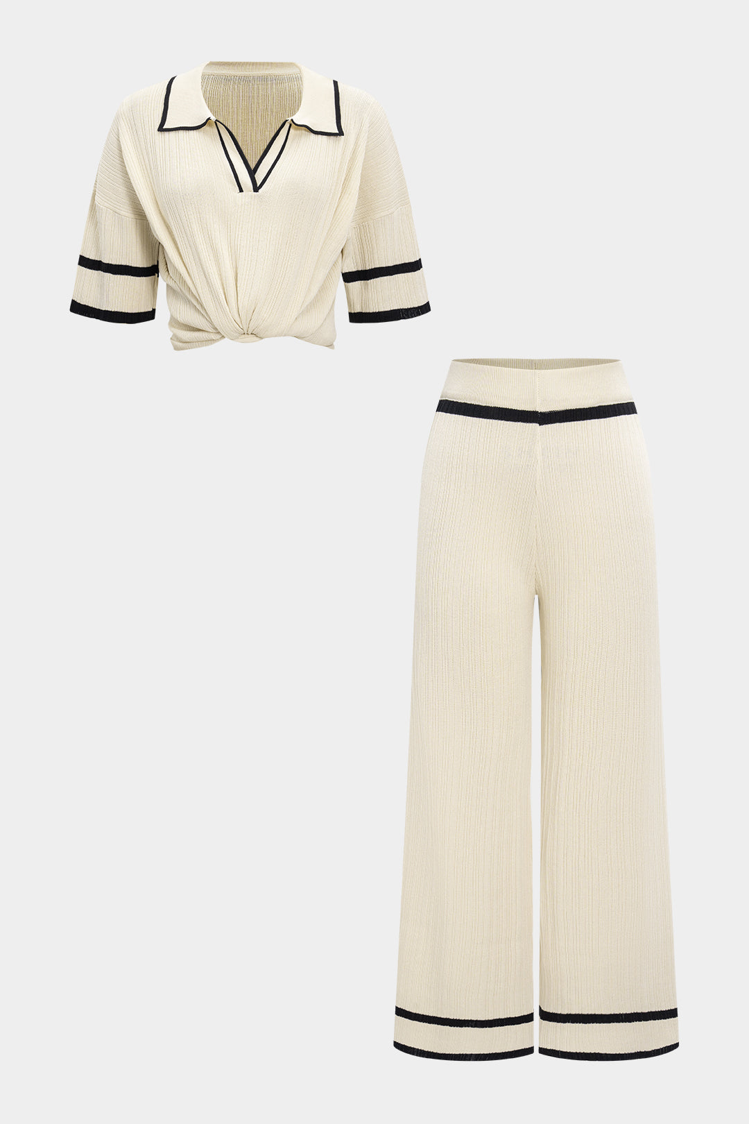 Strick-Set mit paspeliertem Revers, Kurzarm-Top und weiter Hose