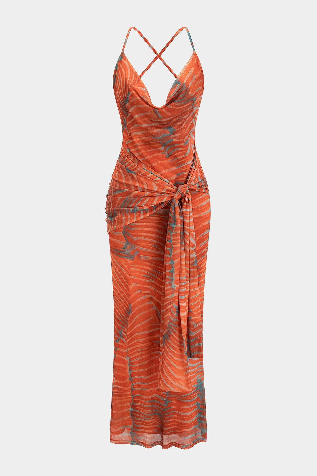 Draped Cowl Neck Crossed Backless Tie-Up Maxi Dress