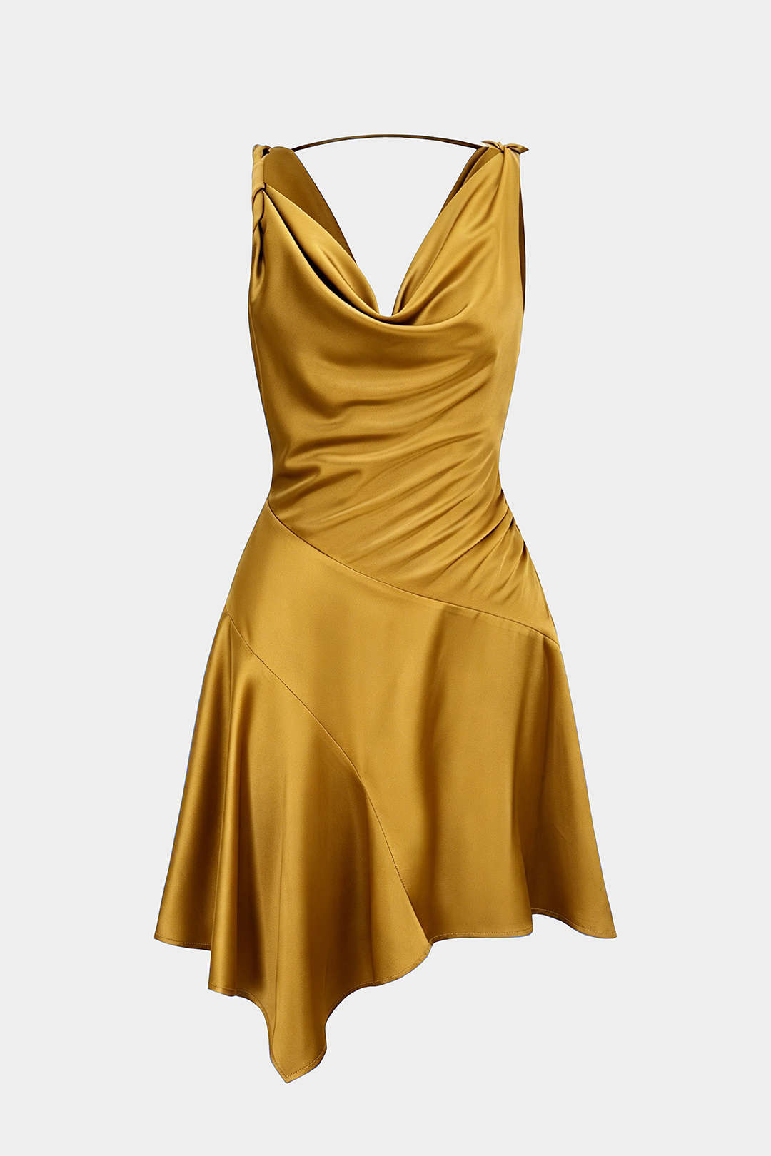 Satiniertes, drapiertes Minikleid mit Wasserfallausschnitt, Raffungen und asymmetrischem Schnitt