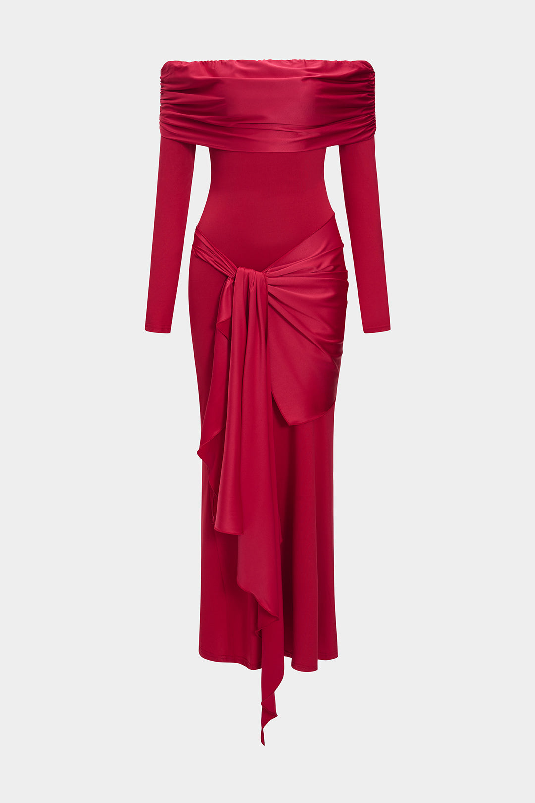 Off Shoulder Ruched Knotted Long-Sleeve Maxi Dress