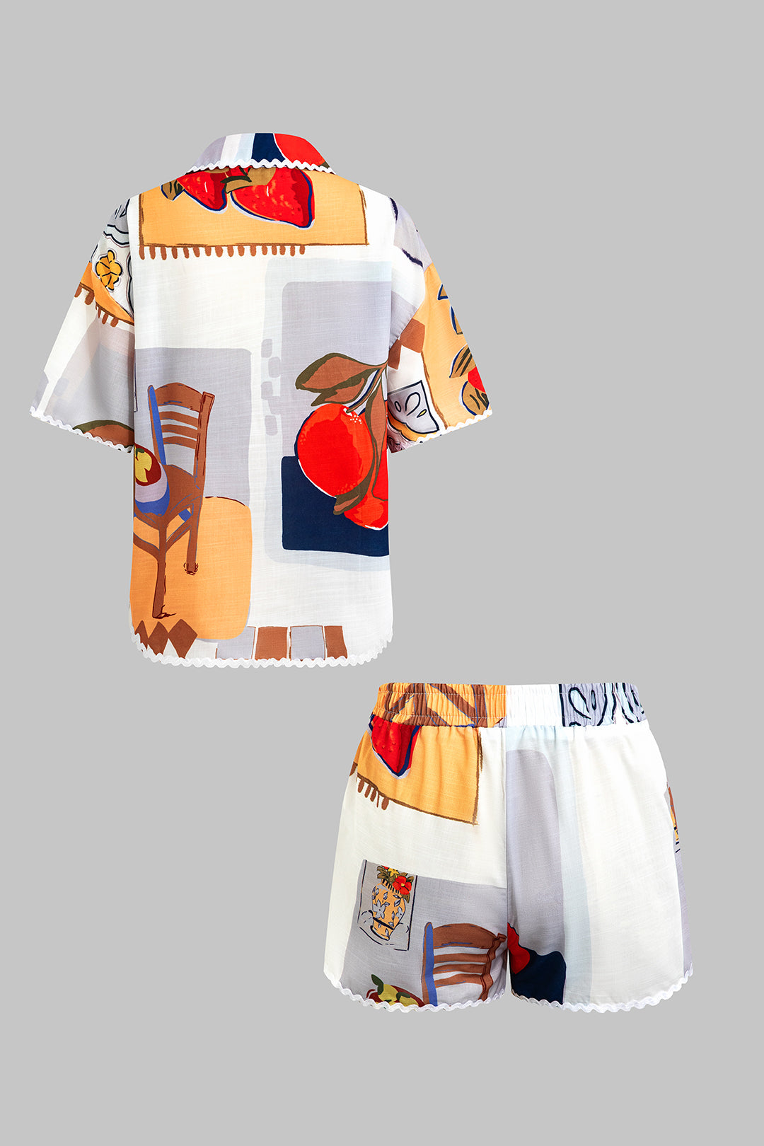 Artistic Print Lapel Seamdetail Short Sleeve Shirt And Shorts Set