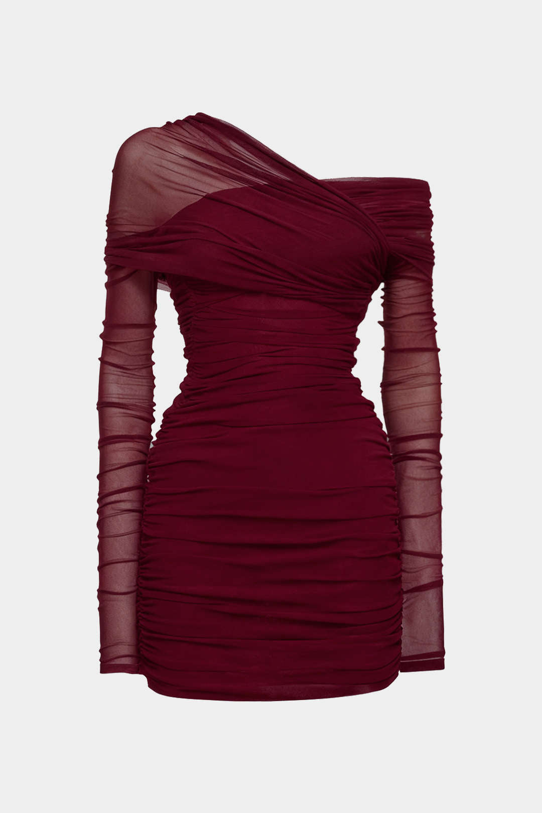Transparenter Mesh-Minikleid mit One-Shoulder-Träger, langen Ärmeln und Raffung
